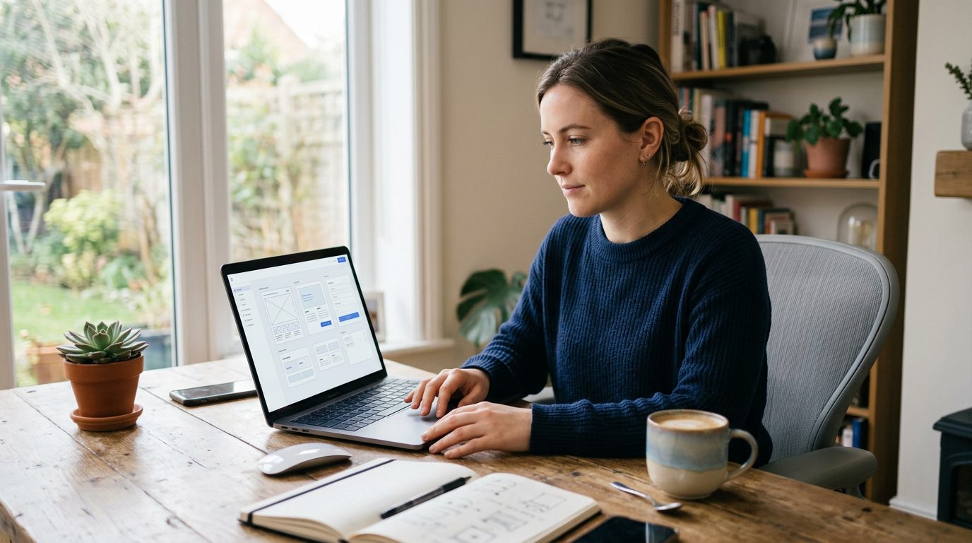 A freelance designer using a laptop to generate a tailored application pack with an AI tool